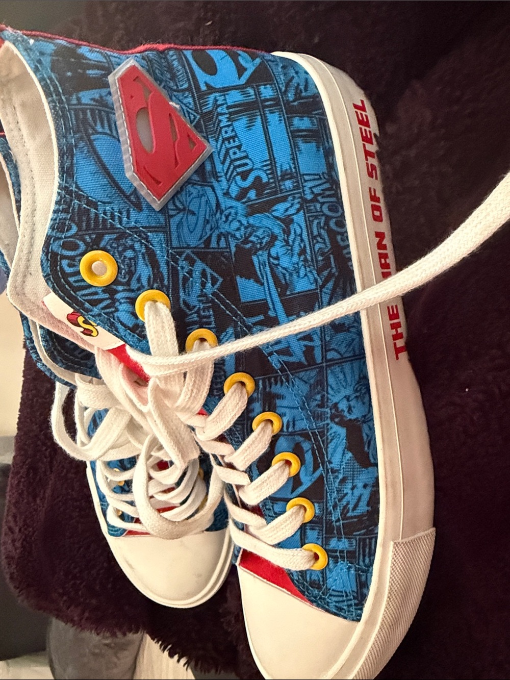 DC adult men Blue Superman Comic High-Top Sneakers with Yellow Eyelets